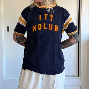 Vintage 1960s ITT HOLUB Navy Blue Durene Jersey with Block Lettering Mens L
